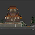 Whimsical Cartoon Scene With Chinese Style Tower Orange Roof Lanterns Watermill Pine Trees Small Pond
