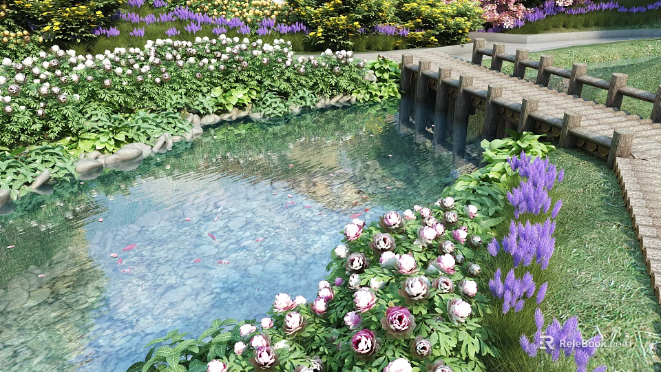 Garden Landscape With Pond Purple And White Flowers Wooden Bridge Green Plants And Fish 3d model 