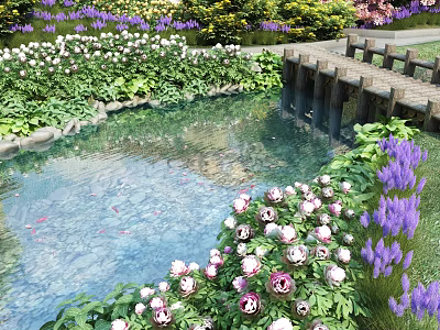 Garden Landscape With Pond Purple And White Flowers Wooden Bridge Green Plants And Fish 3d model