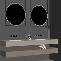 Modern Bathroom Interior With Double Circular Backlit Mirrors Gray Tiled Walls And Wooden Vanity