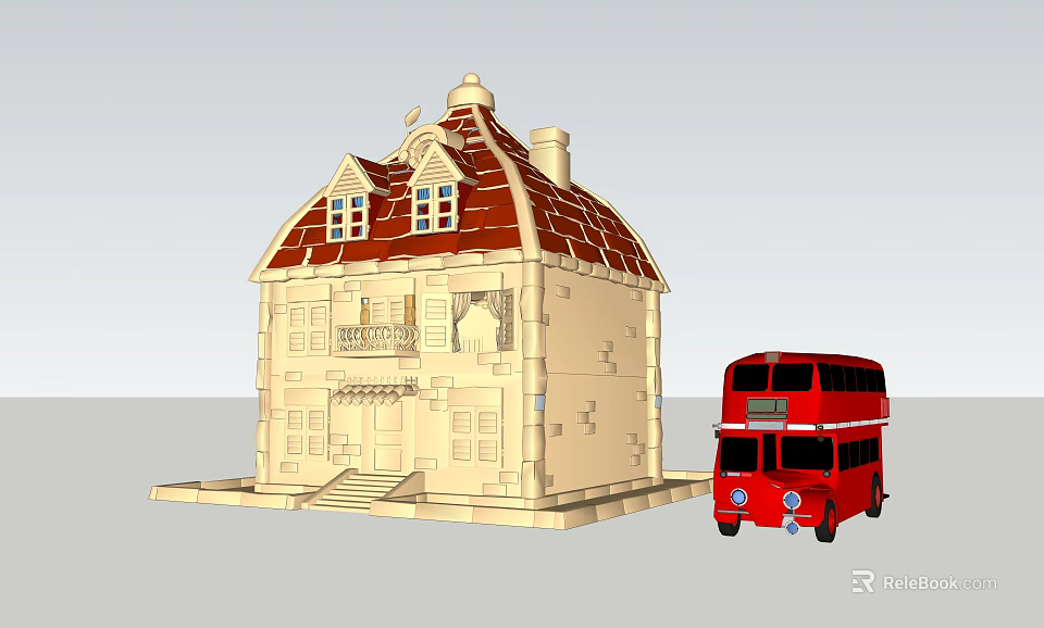 European style Building with Beige Exterior Red Tile Roof Windows Balcony and Red Double Decker Bus 3d model 