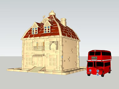 European style Building with Beige Exterior Red Tile Roof Windows Balcony and Red Double Decker Bus 3d model