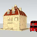 European style Building with Beige Exterior Red Tile Roof Windows Balcony and Red Double Decker Bus