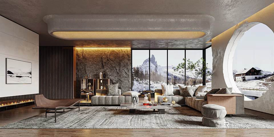 Elegant Modern Living Room With Large Windows Snowy Mountain View Sofa Rug Accent Wall Chandelier 3d model 