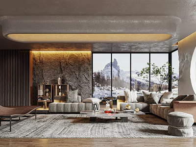 Elegant Modern Living Room With Large Windows Snowy Mountain View Sofa Rug Accent Wall Chandelier 3d model