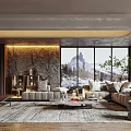Elegant Modern Living Room With Large Windows Snowy Mountain View Sofa Rug Accent Wall Chandelier