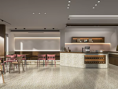 Cozy Coffee Shop Interior With Wooden Counter Comfortable Seats Warm Lighting And Wall Decor 3d model