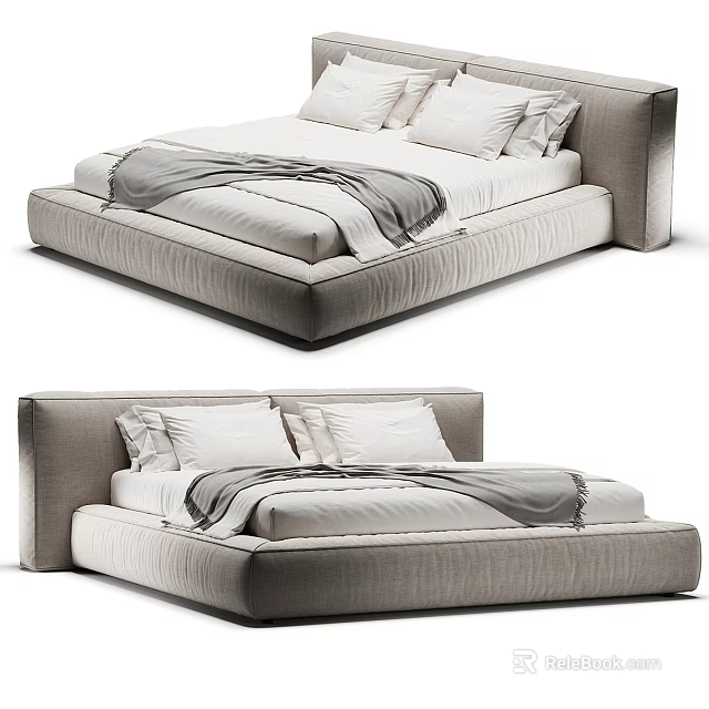 Modern Upholstered Double Bed With Neutral Pillows And Soft Throw Blanket 3d model 