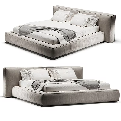 Modern Upholstered Double Bed With Neutral Pillows And Soft Throw Blanket 3d model