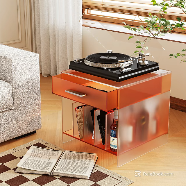 Stylish Orange Transparent Side Table with Storage Drawer and Turntable in Modern Living Room 3d model 