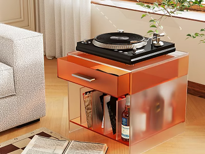 Stylish Orange Transparent Side Table with Storage Drawer and Turntable in Modern Living Room 3d model