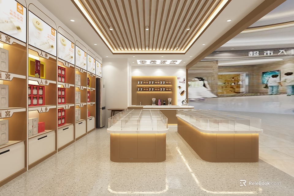 Modern Specialty Store Interior With Open Shelves Glass Display Counters And Wooden Ceiling 3d model 