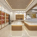 Modern Specialty Store Interior With Open Shelves Glass Display Counters And Wooden Ceiling