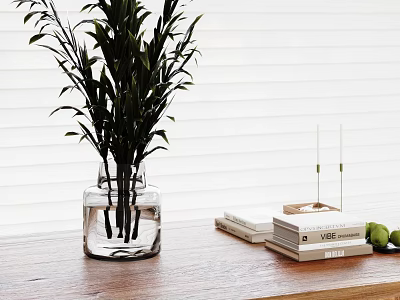 Green Foliage In Transparent Glass Vase On Wooden Table With Books Fruits And White Blinds 3d model