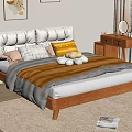 Modern Minimalist Double Bed With Upholstered Headboard Wooden Frame Pillows And Bedside Tables