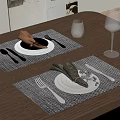 Wooden Dining Table Setting With Gray Placemats White Plates Cutlery And Glassware