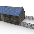 Rustic Wooden Cabin with Blue Roof and Surrounding Wooden Fence Exterior