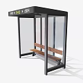 Modern Bus Stop Exterior With Black Roof Transparent Glass And Wooden Bench