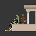 Man With Colorful Toy Figures Near Classical Columned Building