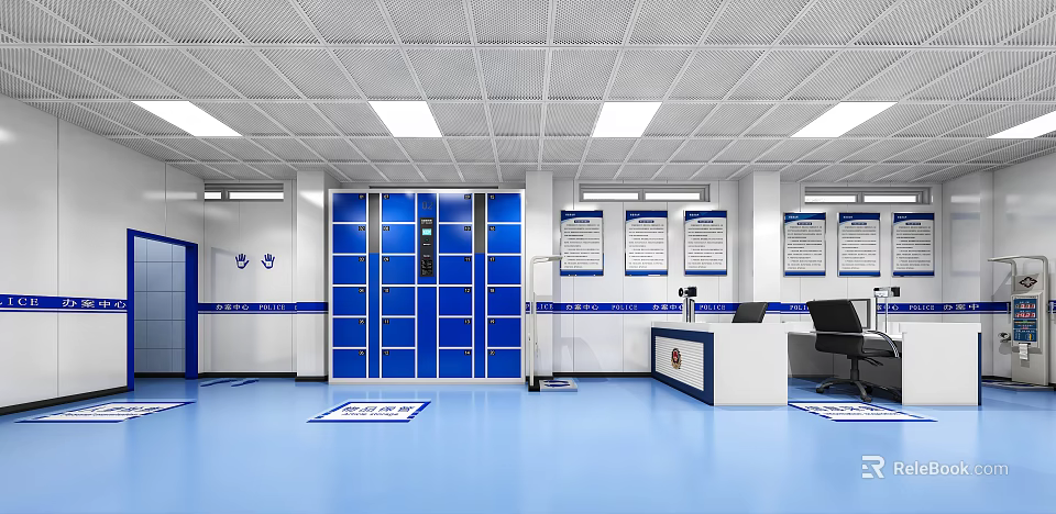 Office Interior Design With Blue Lockers White Ceiling Lights Wall Notices And Reception Desk 3d model 