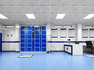 Office Interior Design With Blue Lockers White Ceiling Lights Wall Notices And Reception Desk 3d model