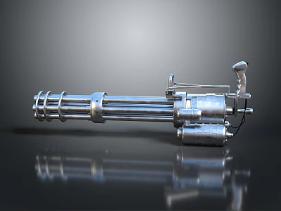 Silver Metallic Gatling Gun With Multiple Barrels Mechanical Structure On Smooth Surface 3d model