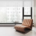 Brown Leather Curved Lounge Chair by Window with Side Table and Trees 3d model