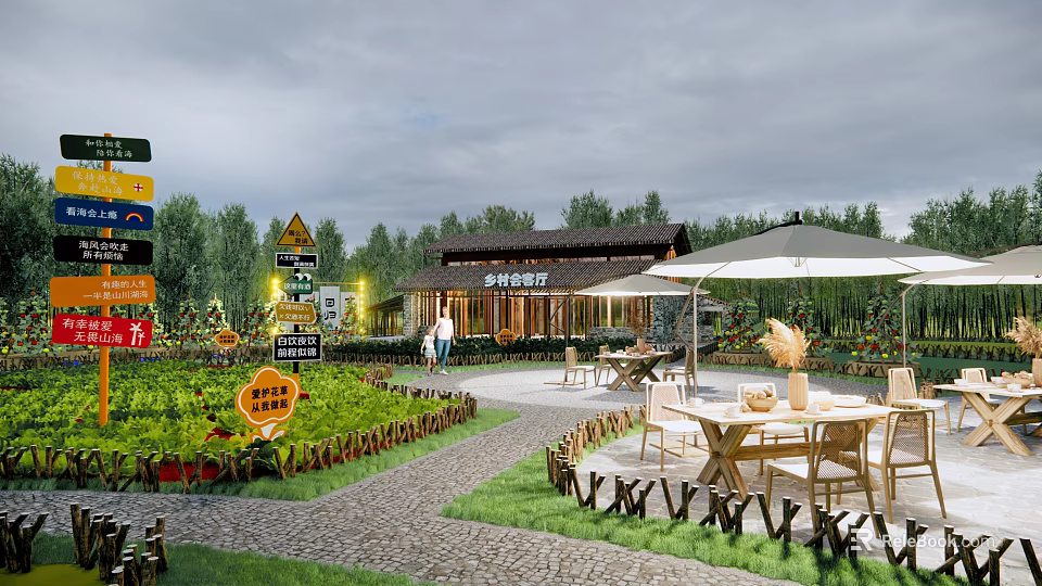 Scenic Garden Landscape With Wooden Cabin Green Plants Stone Path Signposts And Outdoor Tables 3d model 