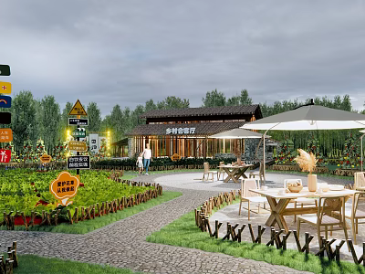 Scenic Garden Landscape With Wooden Cabin Green Plants Stone Path Signposts And Outdoor Tables 3d model