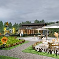 Scenic Garden Landscape With Wooden Cabin Green Plants Stone Path Signposts And Outdoor Tables