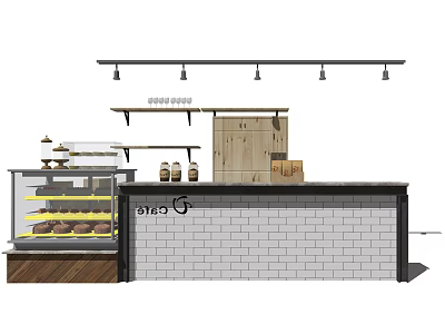 Bakery Reception Counter With Glass Display Case Fresh Pastries Wooden Shelves And Brick Wall 3d model