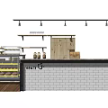 Bakery Reception Counter With Glass Display Case Fresh Pastries Wooden Shelves And Brick Wall