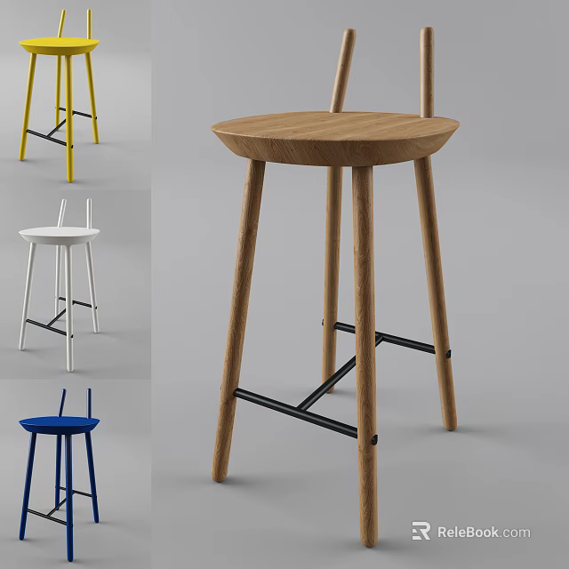 Modern Design Wooden Bar Stools With Yellow White Blue Colors And Black Crossbar 3d model 