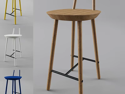 Modern Design Wooden Bar Stools With Yellow White Blue Colors And Black Crossbar 3d model