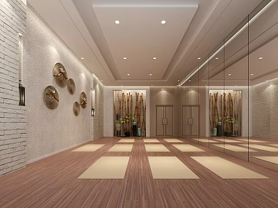 Elevator Lobby Design With White Brick Walls Wooden Flooring Mirrors Circular Decor And Recessed Lights 3d model