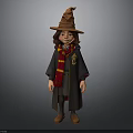 Cartoon Wizard Character Wearing Pointed Hat Red Yellow Scarf Grey Robe House Badge Brown Shoes