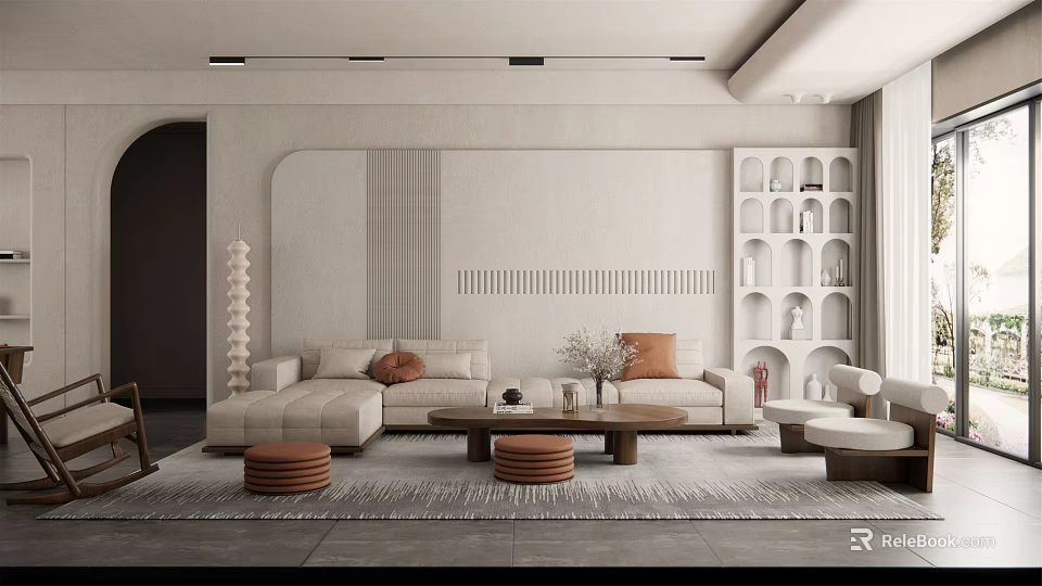 Modern Living Room Interior Design With L Shaped Sofa Orange Cushions And Wooden Coffee Table 3d model 