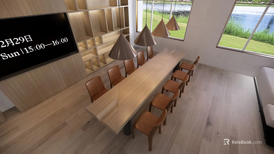 Hotel Public Lounge Area With Wooden Long Table Brown Chairs Pendant Lights And Scenic Windows 3d model 