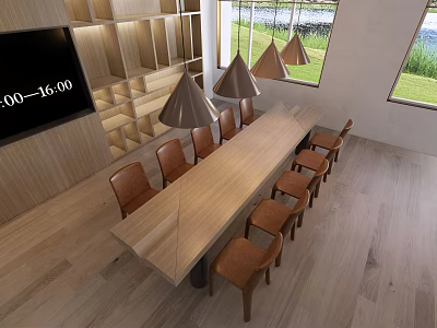 Hotel Public Lounge Area With Wooden Long Table Brown Chairs Pendant Lights And Scenic Windows 3d model