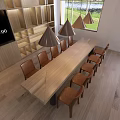 Hotel Public Lounge Area With Wooden Long Table Brown Chairs Pendant Lights And Scenic Windows