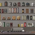Traditional and Modern Tea Storage Containers with Tea Cakes on Display Shelves