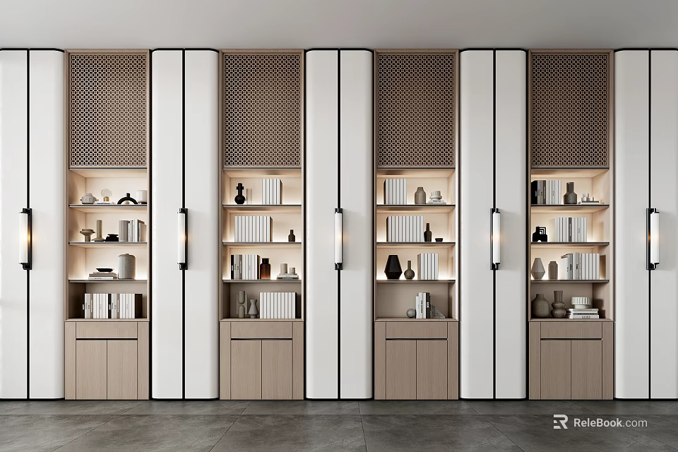 Modern Decorative Cabinets With White And Wooden Design Open Shelves Lighting Books And Decorations 3d model 
