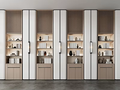 Modern Decorative Cabinets With White And Wooden Design Open Shelves Lighting Books And Decorations 3d model