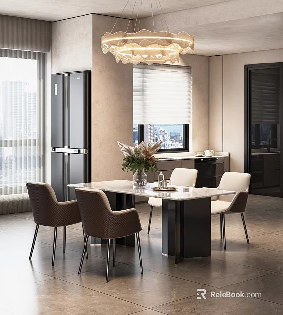 Modern Restaurant Interior With Marble Dining Table Chairs Flower Arrangement Chandelier And City View 3d model 