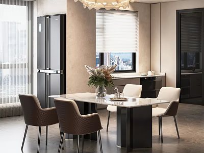 Modern Restaurant Interior With Marble Dining Table Chairs Flower Arrangement Chandelier And City View 3d model