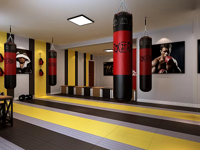 Boxing Training Gym With Red Black Punching Bags Boxer Posters And Yellow Gray Floor Design 3d model