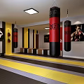 Boxing Training Gym With Red Black Punching Bags Boxer Posters And Yellow Gray Floor Design
