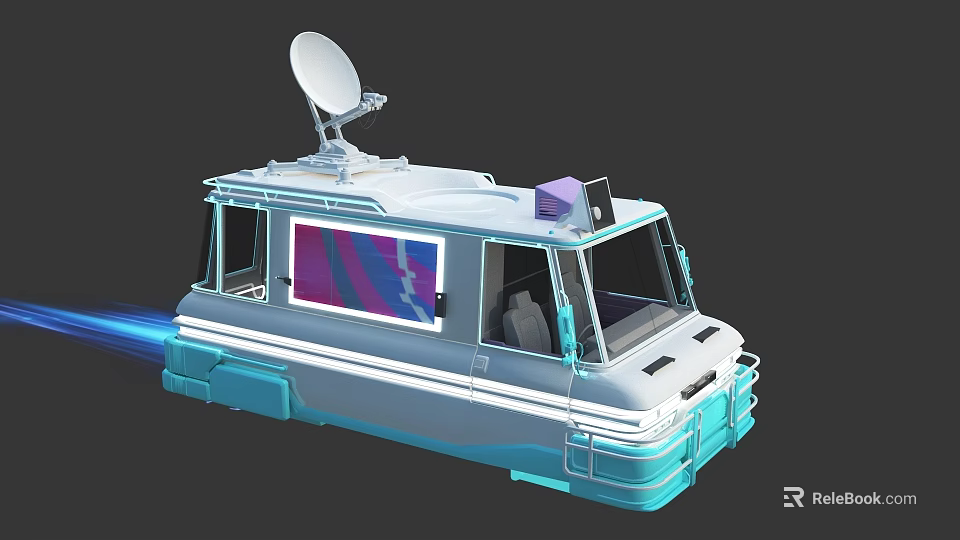 Blue And White Streamlined Vehicle With Satellite Dish Large Windows And Equipment 3d model 