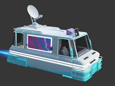 Blue And White Streamlined Vehicle With Satellite Dish Large Windows And Equipment 3d model