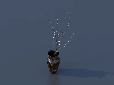 Ornate Patterned Vase With Decorative Branches And White Buds On Gray Background 3d model